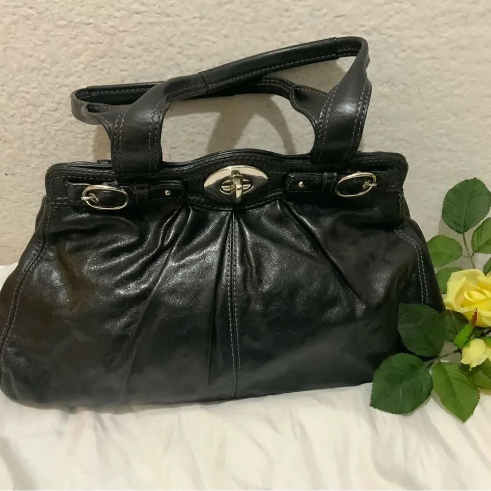 Coach 13914 Black Leather Pleated Garnet Satchel Nickel TurnLock Handbag